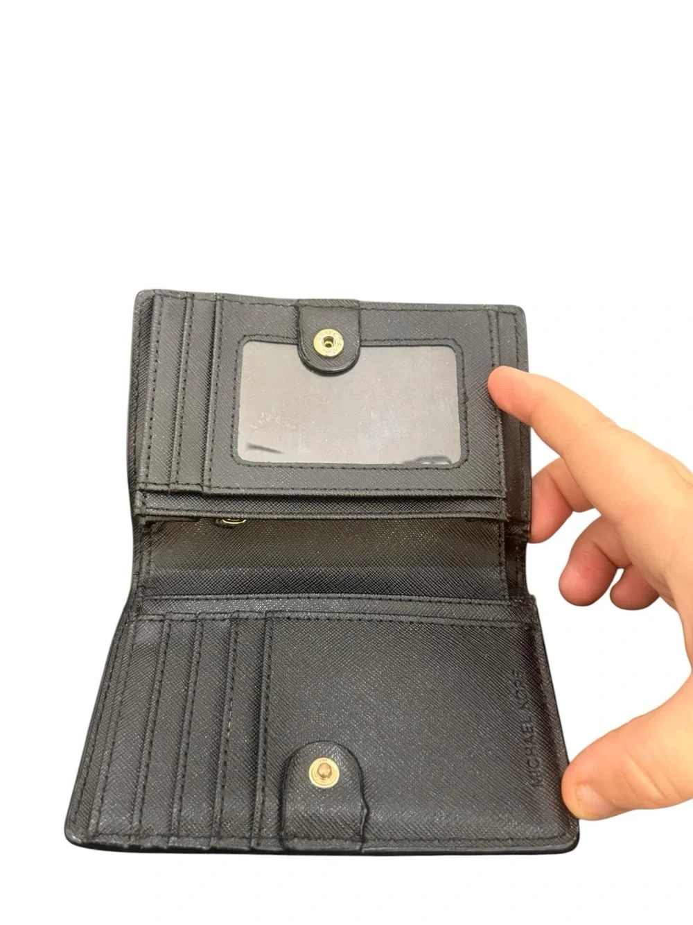 Michael Kors Metallic Pewter Pebbled Leather Card Holder with Gold Plaque